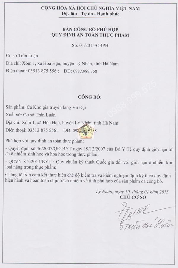 ca kho lang vu dai cong bo chat luong an toan thuc pham ca kho lang vu dai cong bo chat luong an toan thuc pham